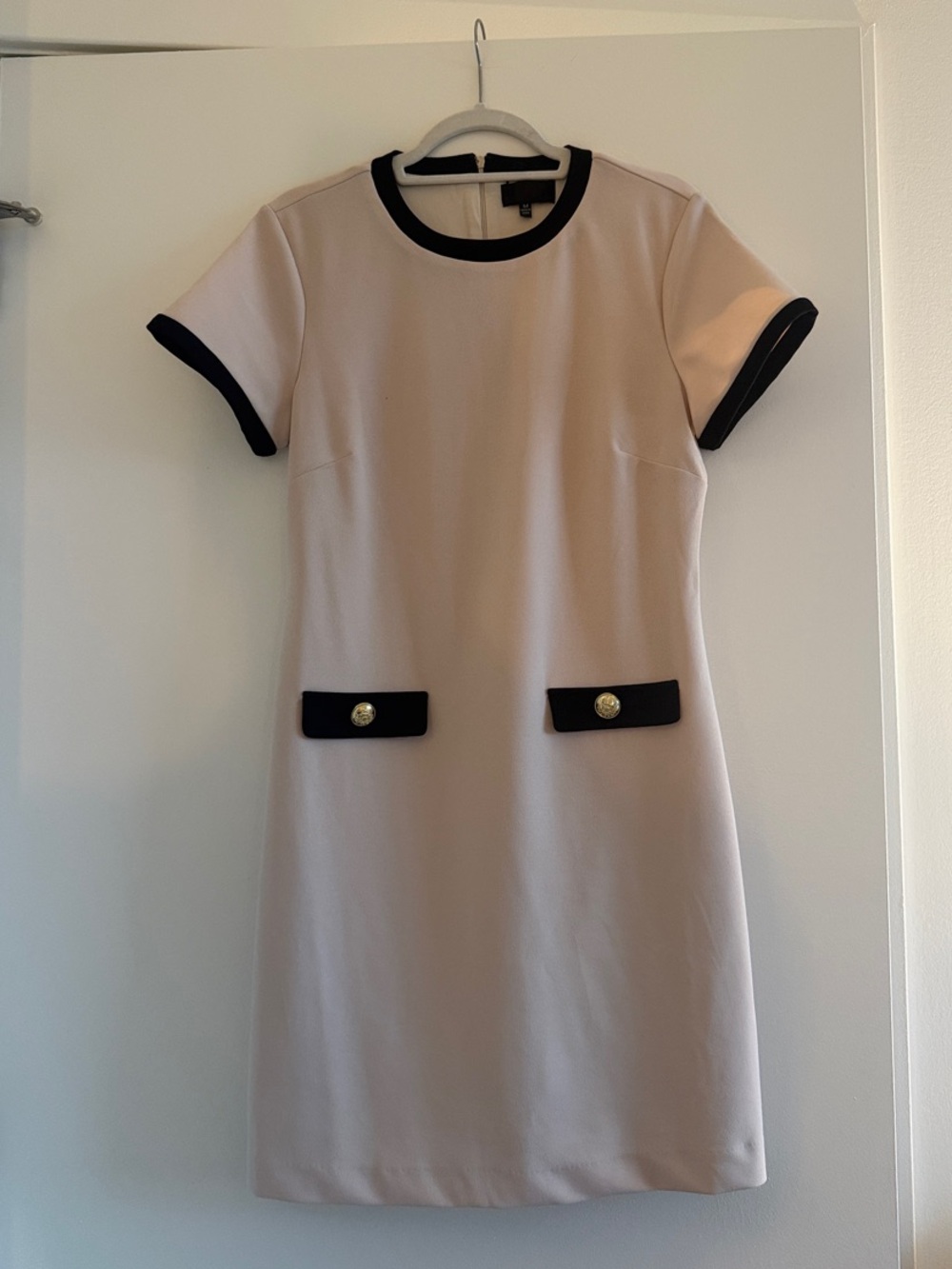 Short Sleeve Cream Shift Dress with Black Trim